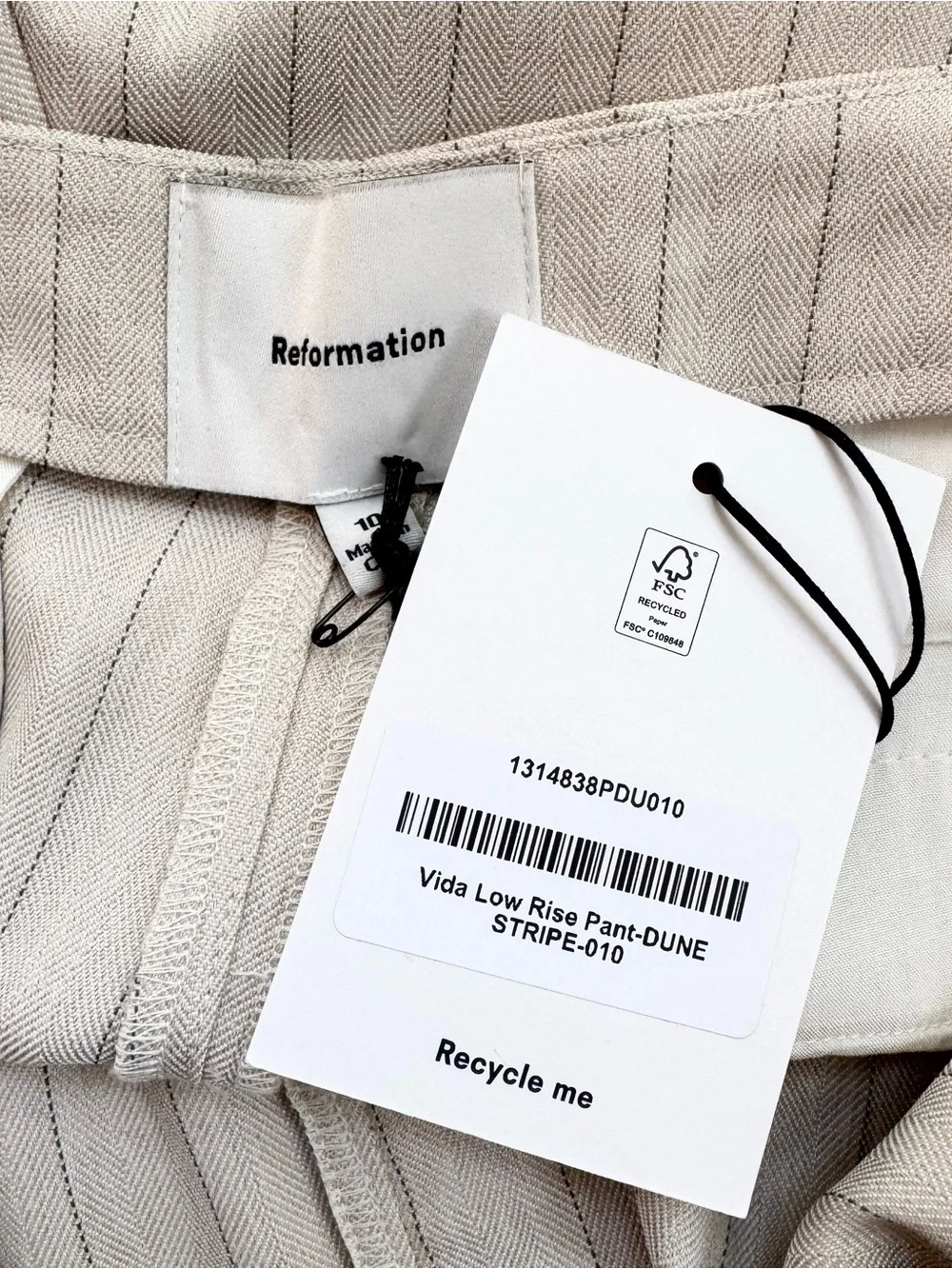 NWT Reformation Vida Low-Rise Pants Dune Stripe Cream 10
